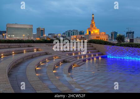 Panoramic Ariel View of Doha City with Iconic Doha Fanar Mosque sunset time Stock Photo