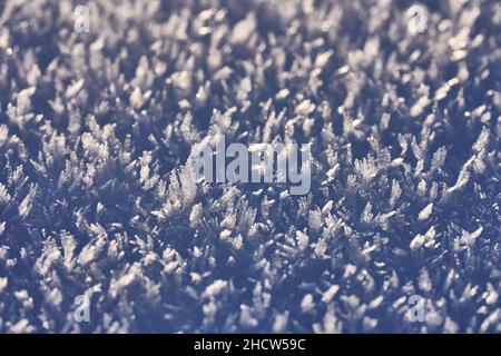macro of hoarfrost crystals after cold, frosty winter night Stock Photo