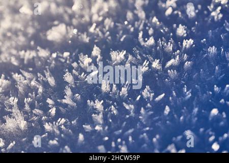 macro of hoarfrost crystals after cold, frosty winter night Stock Photo
