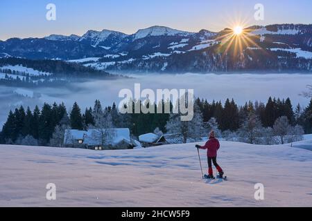 Landscape with woman watching sunrise over the Nagelfluh mountain chain during a snowshoe hike in the Allgaeu Alps near Oberstaufen, Germany, Bavaria, Stock Photo
