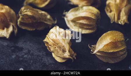 Physalis fruits (Physalis Peruviana) on dark background Stock Photo
