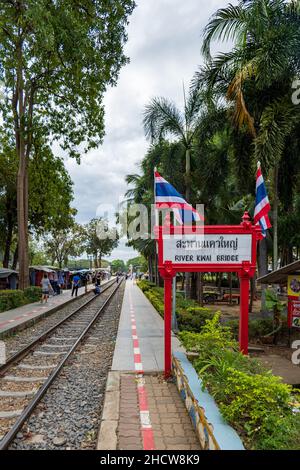 Kanchanaburi, Thailand - December 2021: The River Kwai Bridge railway, also know as Death railway bridge, a historic landmark of world war ii Stock Photo