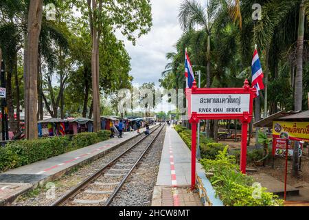 Kanchanaburi, Thailand - December 2021: The River Kwai Bridge railway, also know as Death railway bridge, a historic landmark of world war ii Stock Photo