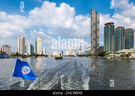 Bangkok, Thailand - December 2021: Chao Phraya River view and Bangkok skyline in Thailand. Downtown skyline and river cityscape Stock Photo