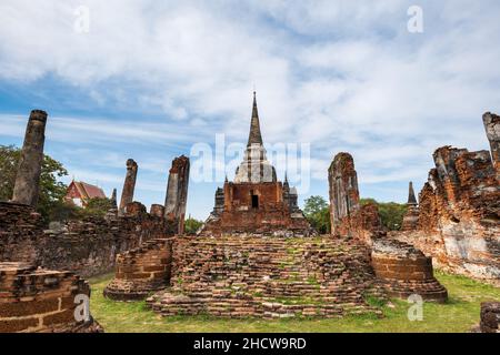 Wat Phra Sri Sanphet Temple site, ruins of majestic royal palace temple with 3 restored towers in the old capital of Thailand, Ayutthaya. Stock Photo