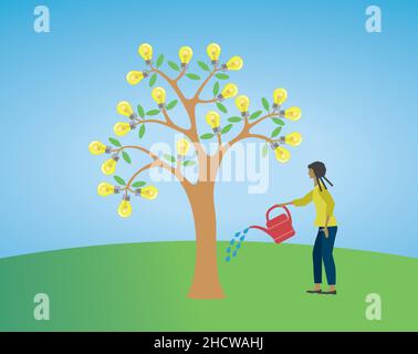Woman watering tree to improve lightbulbs growing on tree. Vector illustration. EPS10. Stock Vector