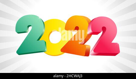 A Happy New Year 2022 colorful icon. Creative 3 D style decoration. Horizontal logotype concept. Web banner idea. White backdrop. Abstract isolated gr Stock Vector