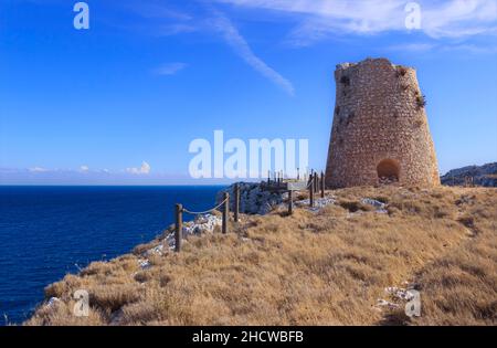 Salento coastline: Minervino watchtower is located in The Otranto Santa Maria di Leuca Coast and Tricase Woods Regional Nature Park in Apulia, Italy. Stock Photo
