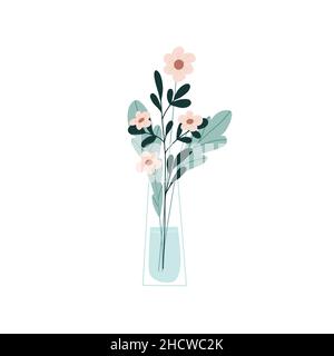 Floristic arrangement of beautiful flowers in a glass vase. An elegant bouquet of delicate flowers. Cartoon flat vector illustration isolated on white Stock Vector