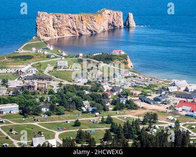 Perce village view from the top of Mont Ste-Anne. View of Perce rock. Panoramic view of the region. Percé, Gaspésie. Stock Photo