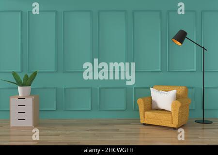 minimalist sofa loft interior design in soft green wall and wood floor room in 3D rendering Stock Photo