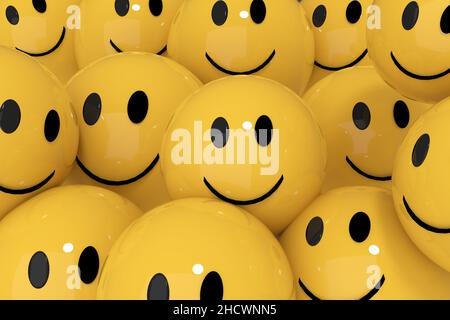 cute yellow smileys balls in social media friendly emoticon concept 3D render image Stock Photo