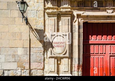 SALAMANCA, SPAIN - AUGUST 22, 2021: The headquarters of the Pontifical University of Salamanca (in Spanish: Universidad Pontificia de Salamanca), a pr Stock Photo