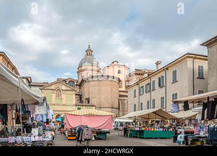 Street market at the Piazza San Prospero in Reggio Emilia, North Italy Stock Photo