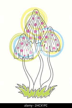 Line art illustration bright psychedelic mushrooms with a colored aura Stock Vector