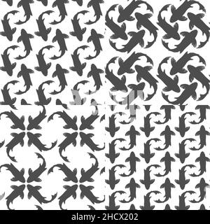 Set of black and white seamless patterns with koi carp fish. Vector backgrounds. Stock Vector