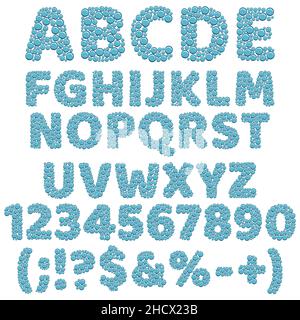 Alphabet, numbers and signs made of bubbles. Isolated vector objects on a white background. Stock Vector
