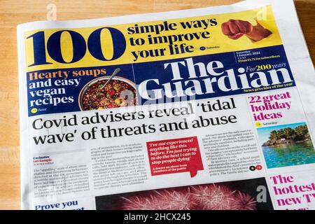 Guardian newspaper front page headline for New Years Day 2022. Stock Photo