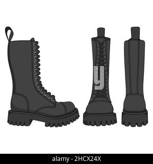 Set of color illustrations with black boots, high boots with laces. Isolated vector objects on white background. Stock Vector