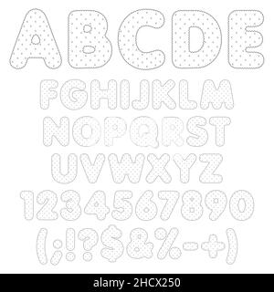 Rippled alphabet, letters, numbers and signs with polka dots. Set of isolated vector black and white objects on a white background. Stock Vector