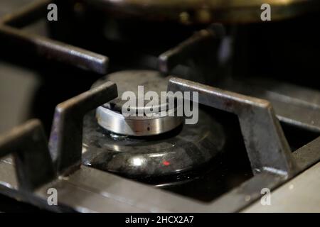 Gas ring burner turned off in a domestic kitchen Stock Photo