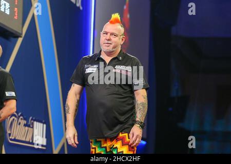 London, UK. 1st January 2022: Alexandra Palace, London, England: The William Hill World Darts Tournament, quarter finals; Peter Wright reacts after missing out on a 9-darter in the 6th set. Credit: Action Plus Sports Images/Alamy Live News Stock Photo