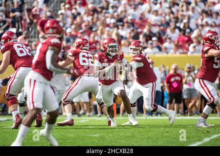 January 1, 2022: Arkansas Razorbacks quarterback KJ Jefferson (1) scrambles during the Outback Bowl between the Penn State Nittany Lions and the Arkansas Razorbacks at Raymond James Stadium Tampa, FL. Jonathan Huff/CSM. Stock Photo