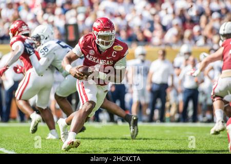 January 1, 2022: Arkansas Razorbacks quarterback KJ Jefferson (1) scrambles during the Outback Bowl between the Penn State Nittany Lions and the Arkansas Razorbacks at Raymond James Stadium Tampa, FL. Jonathan Huff/CSM. Stock Photo