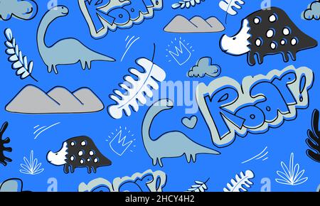 Childish seamless pattern with hand drawn funny dinosaurs for fabric, textile. Stock Photo