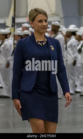 Rep. Katie Hill, of California, at the USN's boot camp, at the Recruit Training Command, in Illinois - 190802 Stock Photo