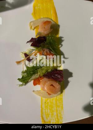 Smoked salmon appetizer on a plate. A delicious fish dish with yellow sauce close up.