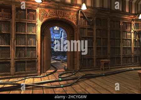 Old library energy preload, complete scene for background. 3D rendering illustration. Stock Photo