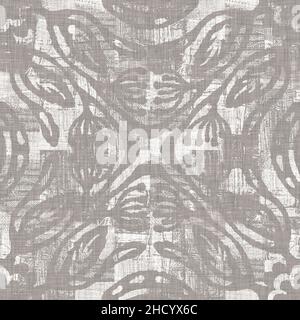 Seamless french neutral greige mottled farmhouse linen effect background. Provence grey white rustic washed out woven pattern texture. Shabby chic Stock Photo