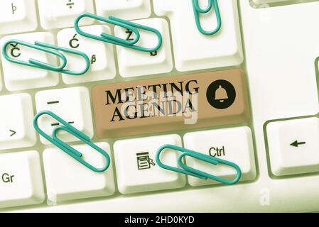 Text sign showing Meeting Agenda. Business showcase An agenda sets clear expectations for what needs to a meeting Abstract Typing Presentation Message Stock Photo