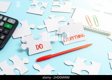 Conceptual caption Do Everything. Word Written on Jack of All Trades Self Esteem Ego Pride No Limits Building An Unfinished White Jigsaw Pattern Stock Photo