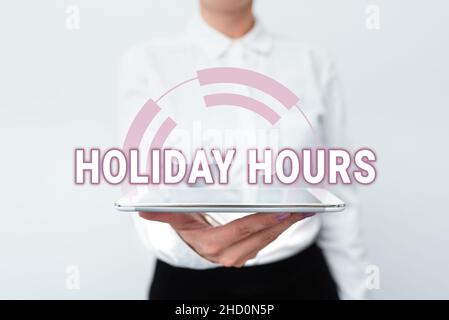 Text caption presenting Holiday Hours. Business idea Schedule 24 or7 Half Day Today Last Minute Late Closing Presenting New Technology Ideas Stock Photo