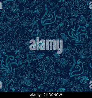 Seamless pattern with Underwater doodle illustration Stock Vector