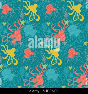 Seamless pattern with Underwater doodle illustration Stock Vector