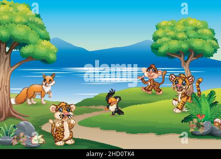 Happy animals cartoon on the nature scene Stock Vector