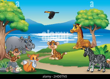 Happy animals cartoon on the nature scene Stock Vector