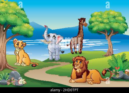 Happy animals cartoon on the nature scene Stock Vector