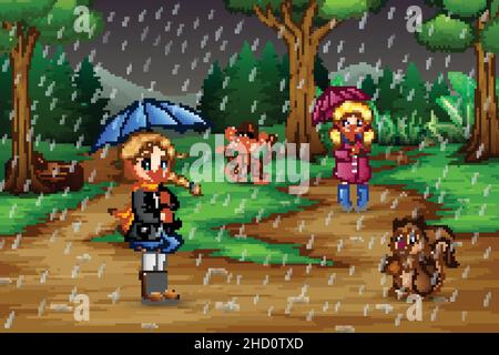 Cartoon two girl playing with animals under the rain Stock Vector Image &  Art - Alamy