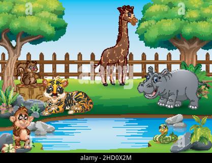 Wild animals playing on the edge of a beautiful small pond Stock Vector
