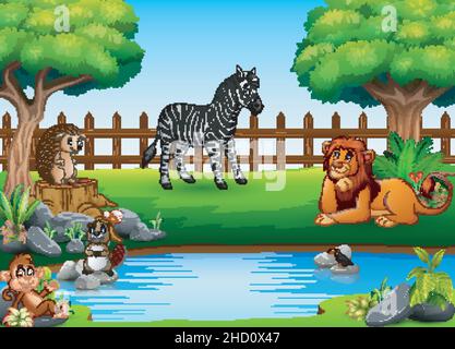 Wild animals playing on the edge of a beautiful small pond Stock Vector