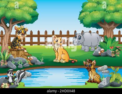 Wild animals playing on the edge of a beautiful small pond Stock Vector