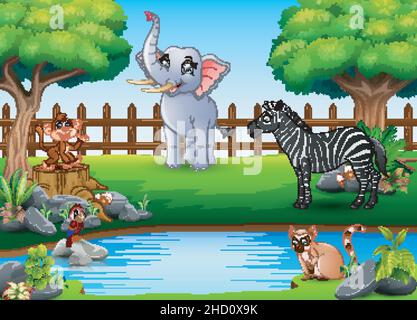 Wild animals playing on the edge of a beautiful small pond Stock Vector