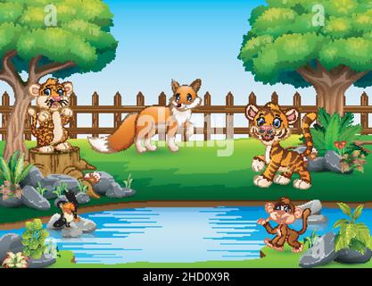 Wild animals playing on the edge of a beautiful small pond Stock Vector