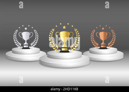 Stage podium for Award Ceremony with gold, silver, and bronze trophy cup and laurel wreath. Stock Photo