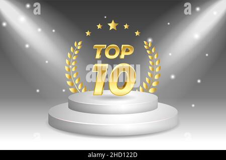 Top 10 award cup. Golden award trophy with laurel wreath. Isolated on white stage podium. Stock Photo