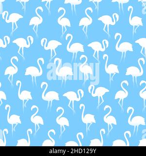 White flamingo silhouettes seamless pattern on skyblue background Stock Vector
